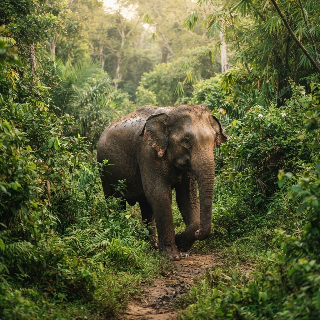 Close-up of a wild Sri Lankan elephant feeding in the riverine forests of Udawalawe National Park