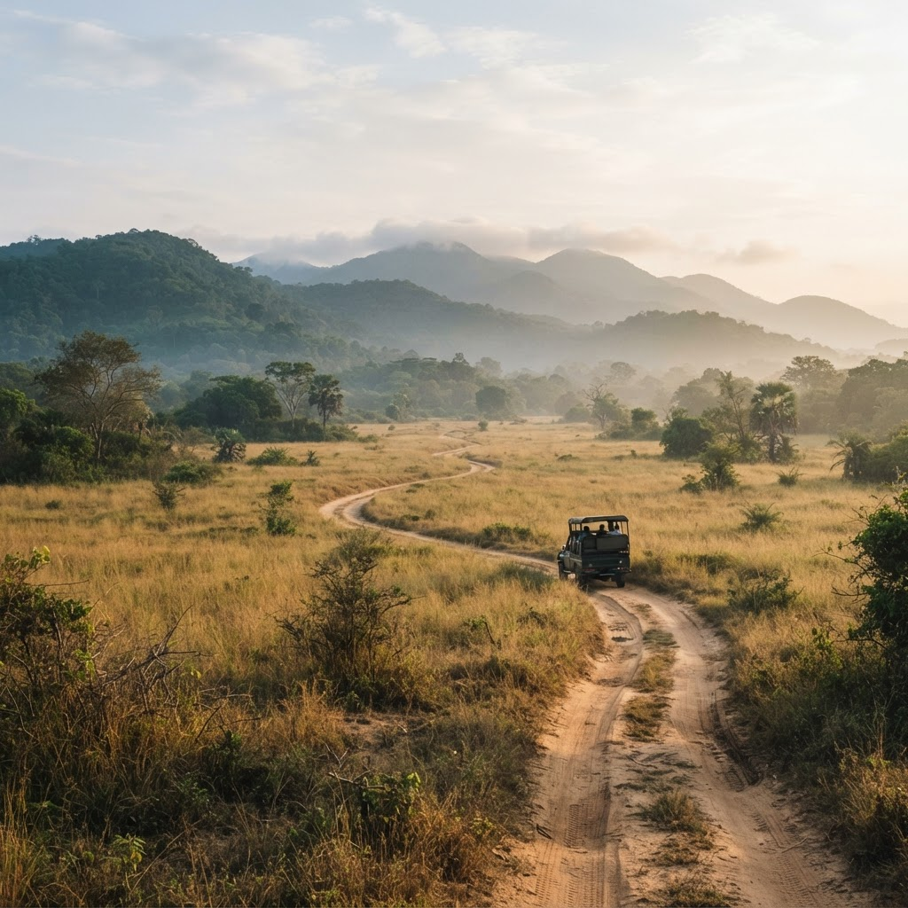 Jeep safari track winding through golden grasslands of Udawalawe National Park with distant mountains, Sri Lanka